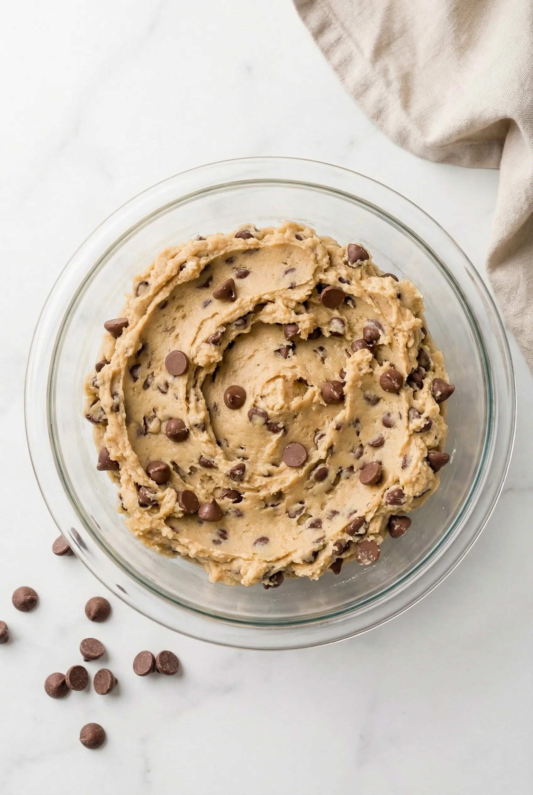 Top view of creamy chocolate chip cookie dough swirled inside a clear glass mixing bowl