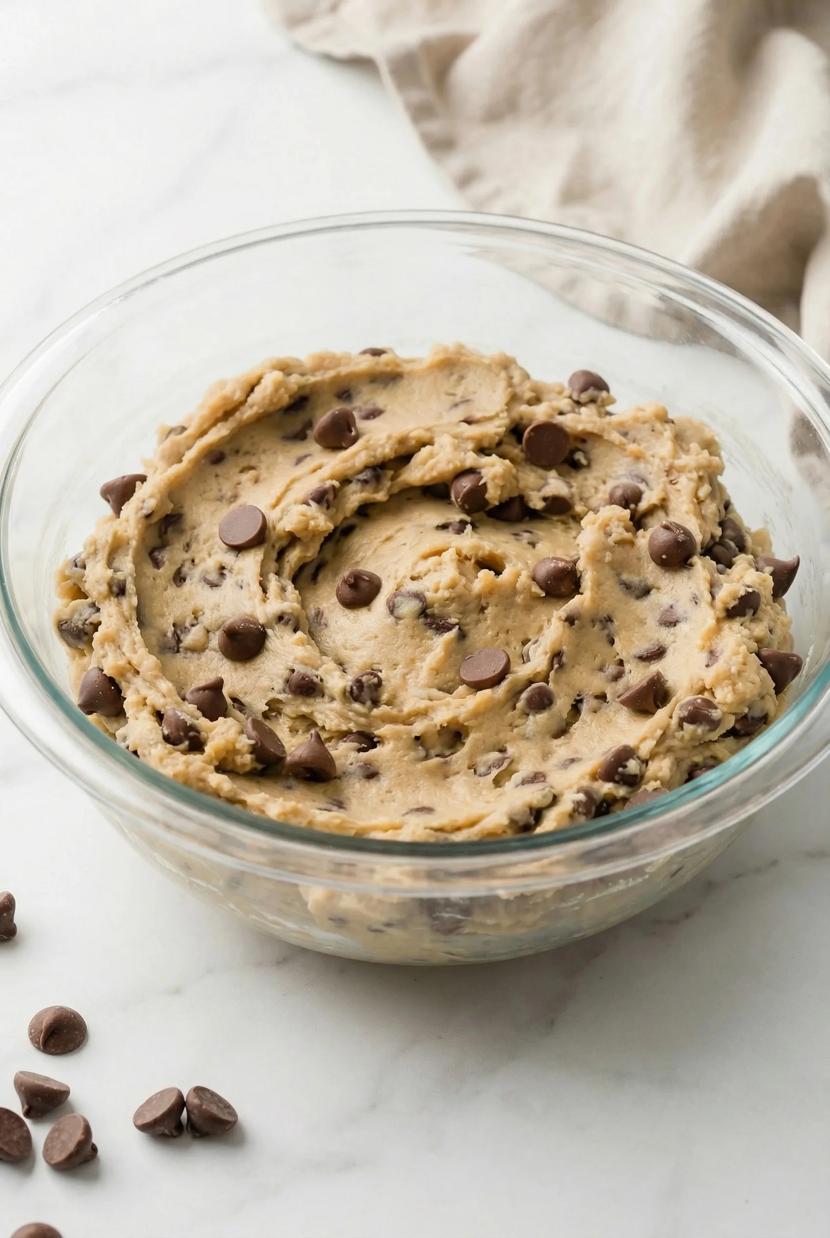 Side view of thick chocolate chip cookie dough in a clear glass bowl on a light marble surface
