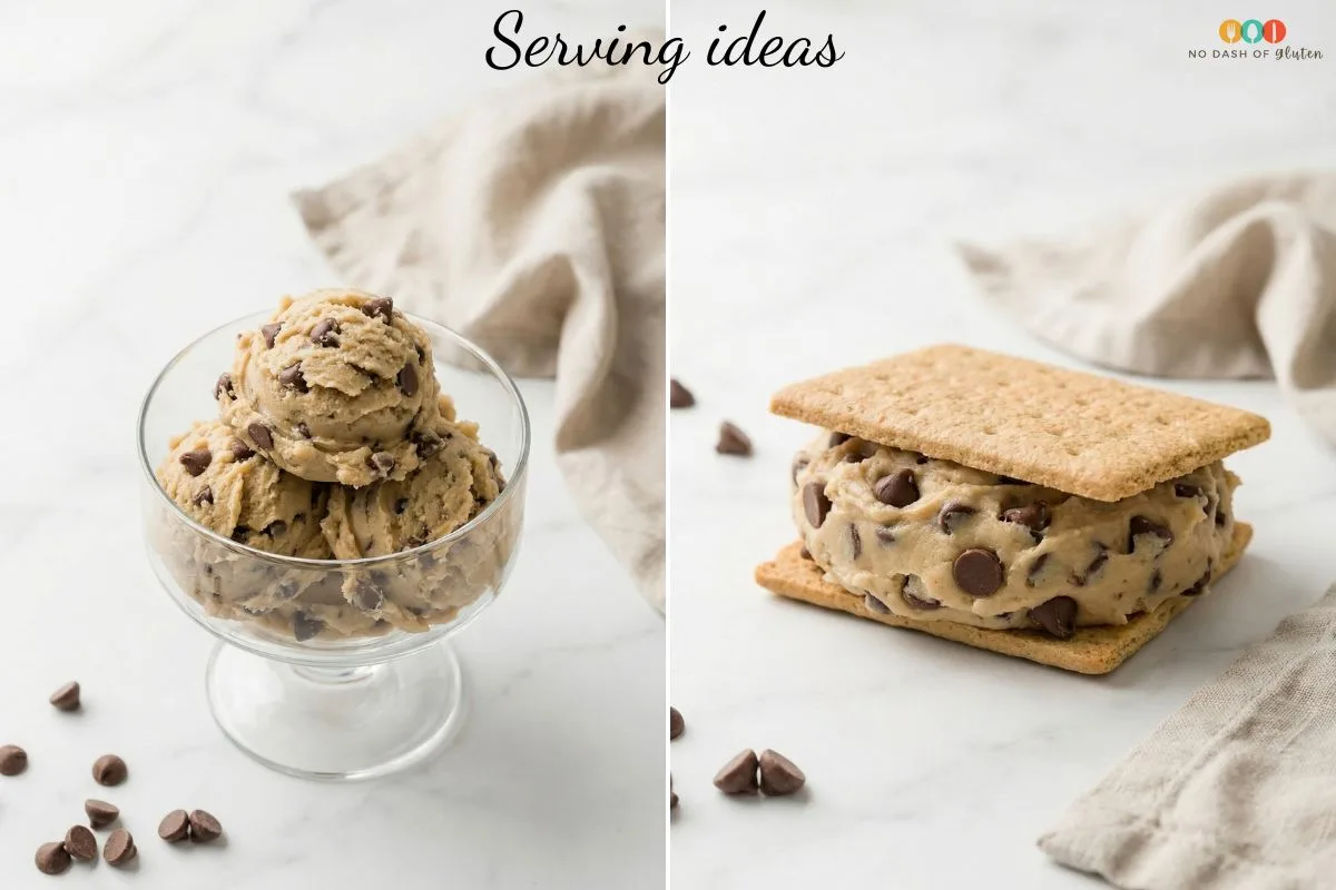 Serving ideas showing chocolate chip cookie dough scooped into a glass dish and sandwiched between graham crackers