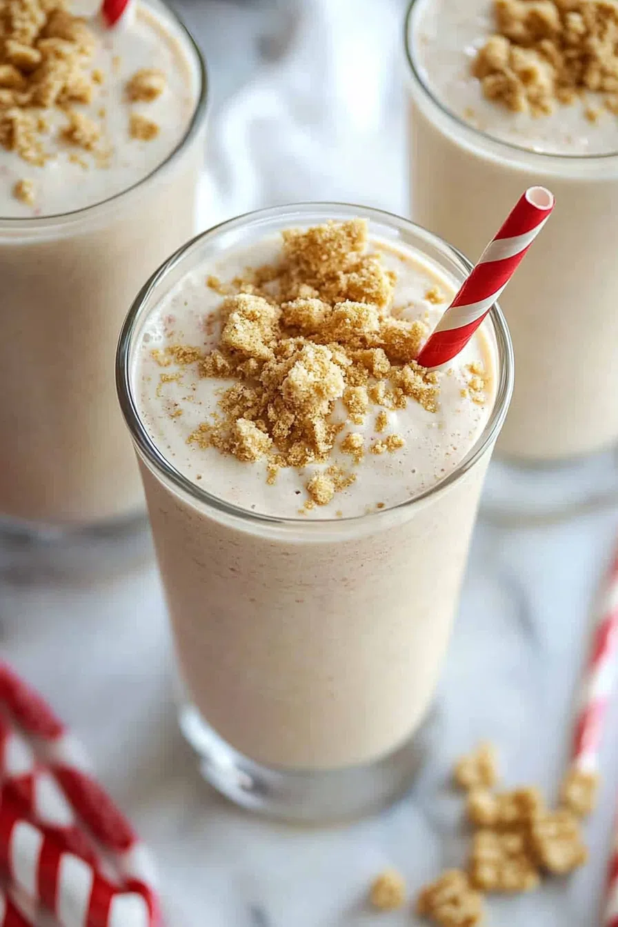 Overhead view of a festive drink served with a striped straw and cinnamon stick garnish.