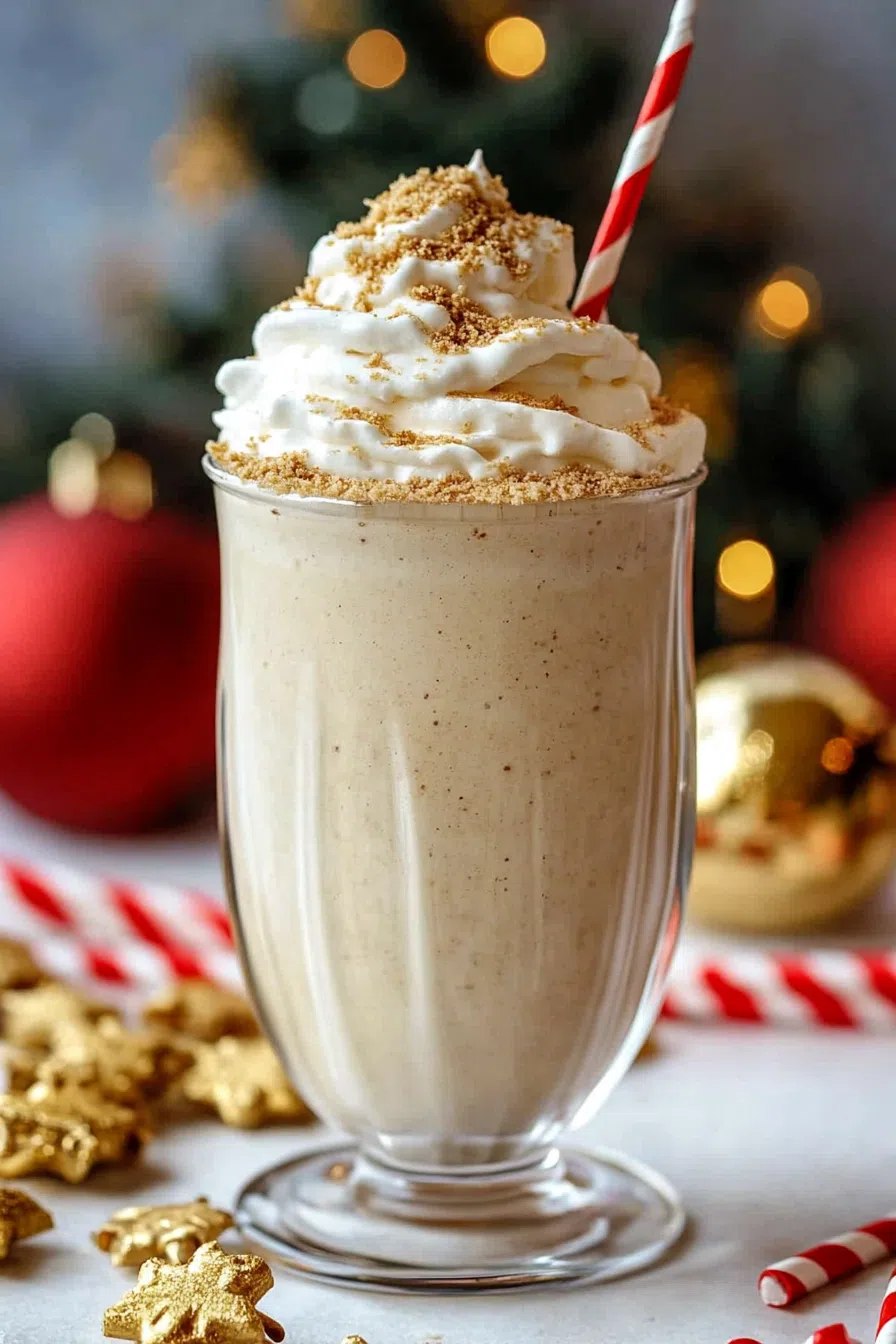 Close-up of a frothy milkshake with whipped topping and holiday spices.