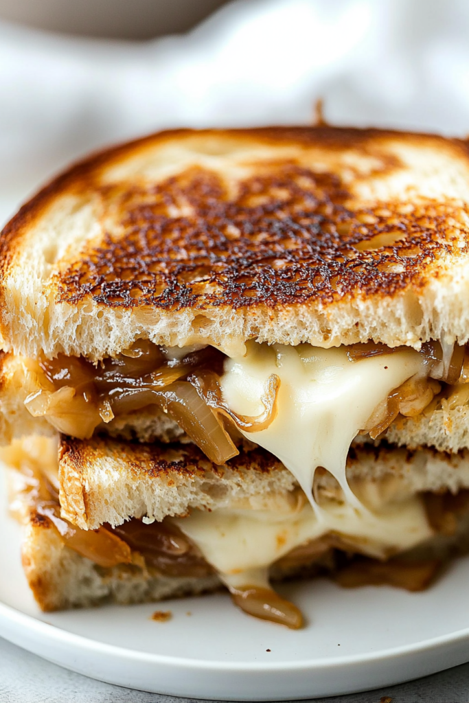 Close-up of melted layers and toasted crust on a white plate.