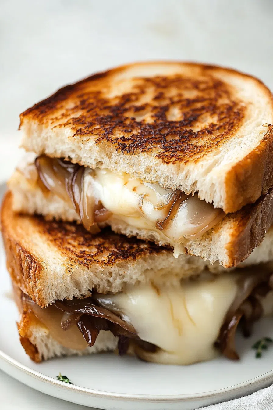 Rustic sandwich presentation on parchment with fresh herbs sprinkled around.