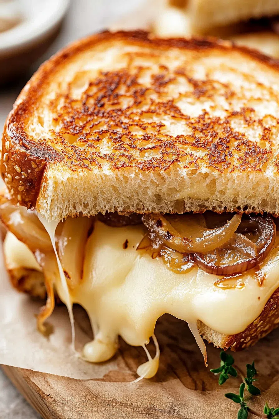 Warm sandwich with gooey filling and browned edges on parchment paper.