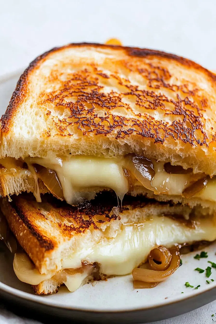 Crispy, golden sandwich halves stacked on a rustic plate.