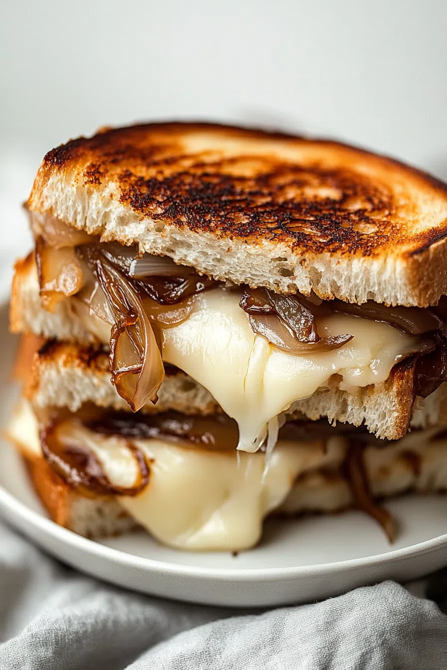 Cheese oozing from toasted bread, with caramelized onions visible.
