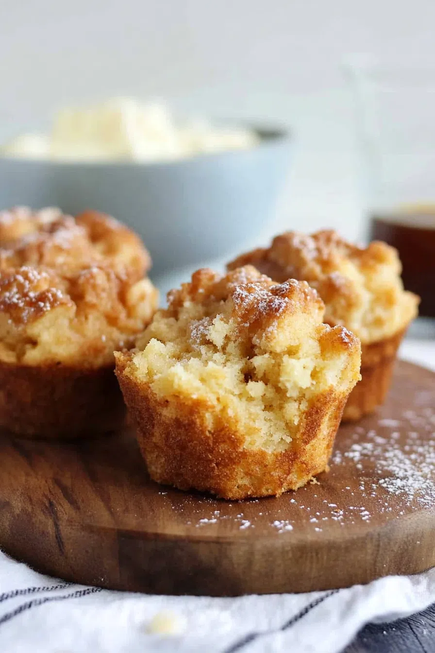 Muffins baked until golden, lightly dusted with powdered sugar.