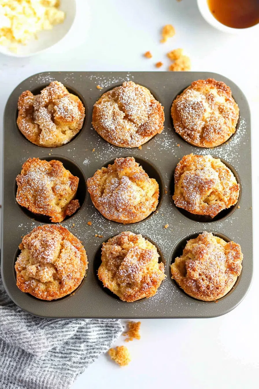 Golden-brown muffins with a dusting of powdered sugar, served in a muffin tin.