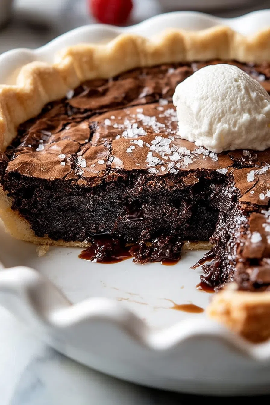 Close-up of a rich chocolate dessert with a glossy, cracked top and gooey center.