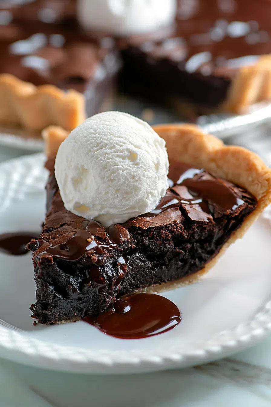 Dessert plated with a scoop of vanilla ice cream and a light dusting of cocoa.