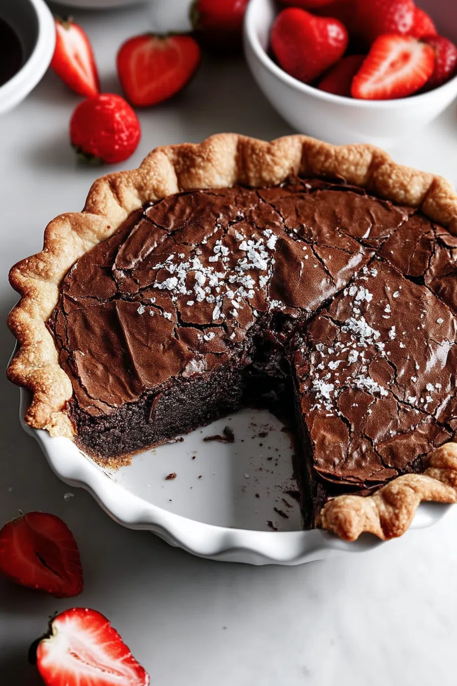 Overhead shot of a dark, dense pie with a crackled surface, freshly cut.