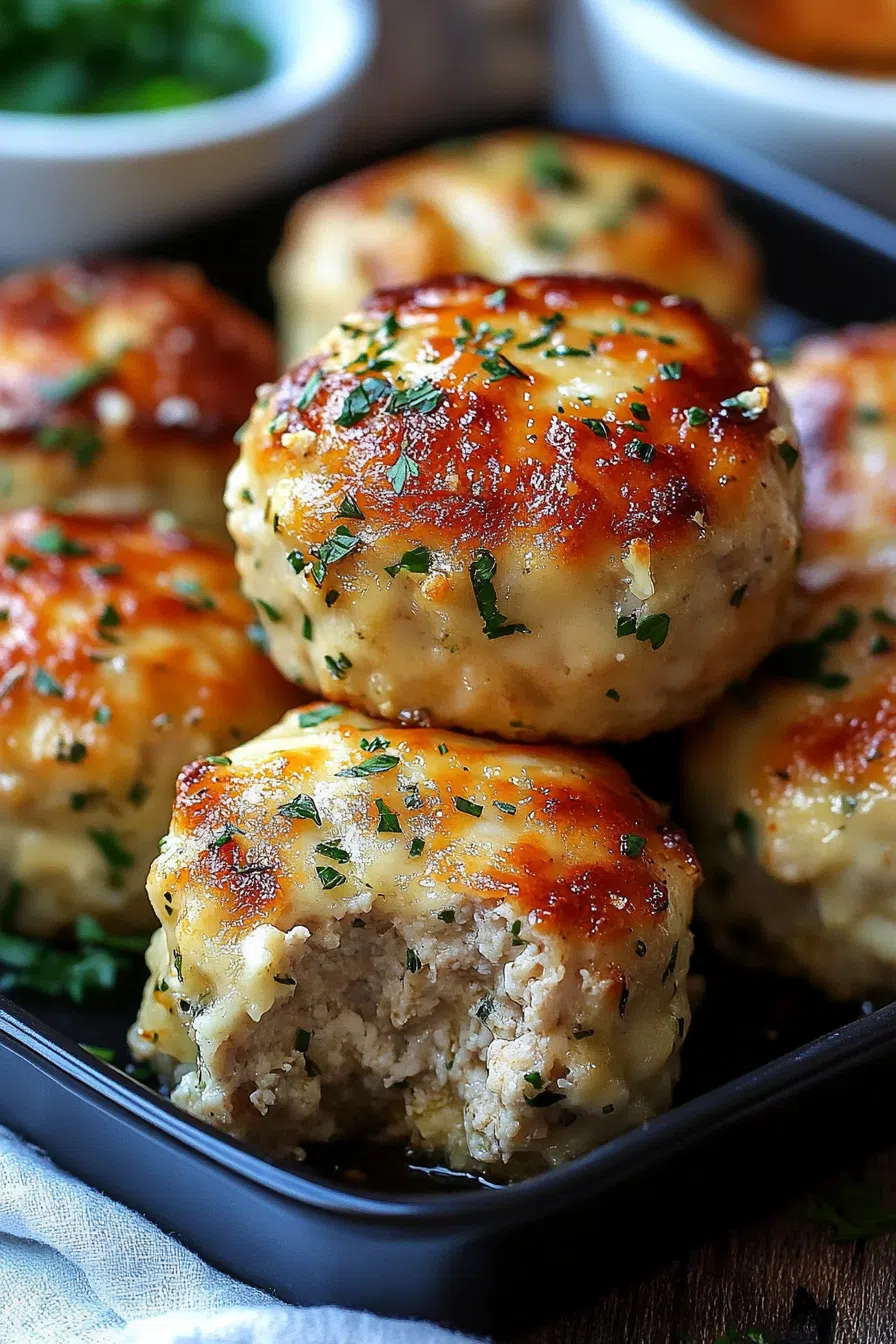 Close-up of individual golden-brown meatloaves with a crispy cheese topping.