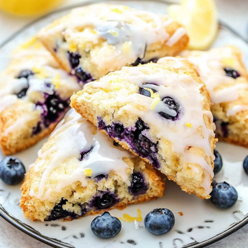 Stacked baked items with a hint of blueberry and a sugar glaze.