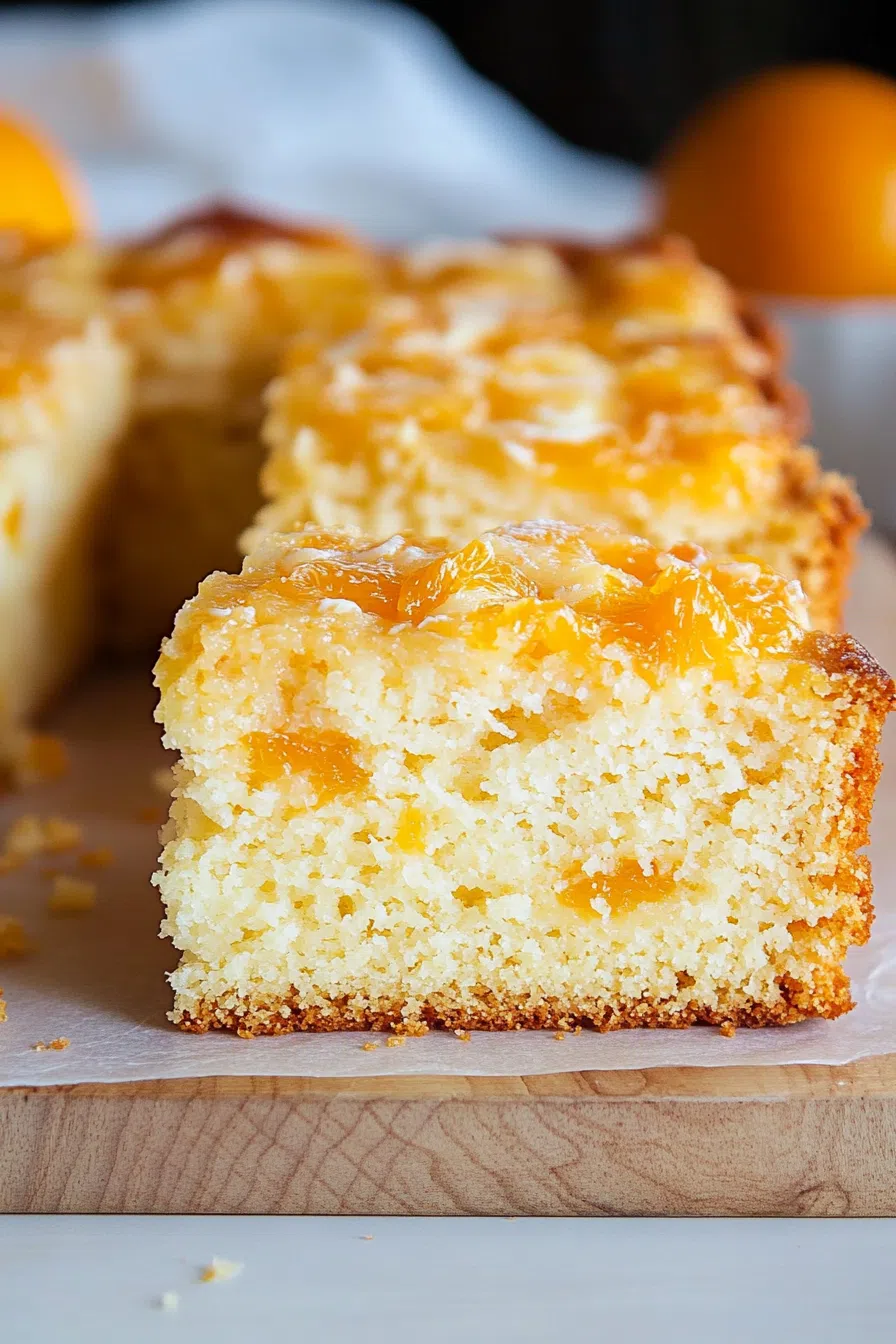 A dense, airy slice on a serving dish, topped with a light sprinkle of zest.