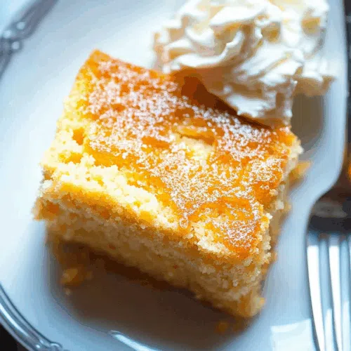 A golden, syrup-soaked cake slice on a white plate with a fork beside it.