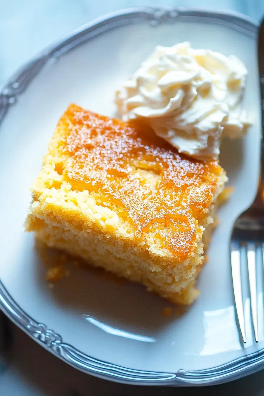 A golden, syrup-soaked cake slice on a white plate with a fork beside it.