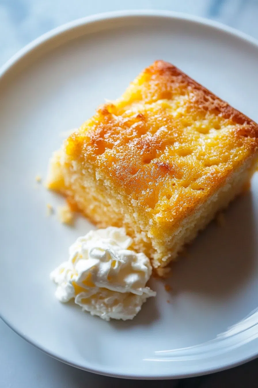 Overhead shot of a sliced dessert garnished with citrus zest and a dusting of powdered sugar.