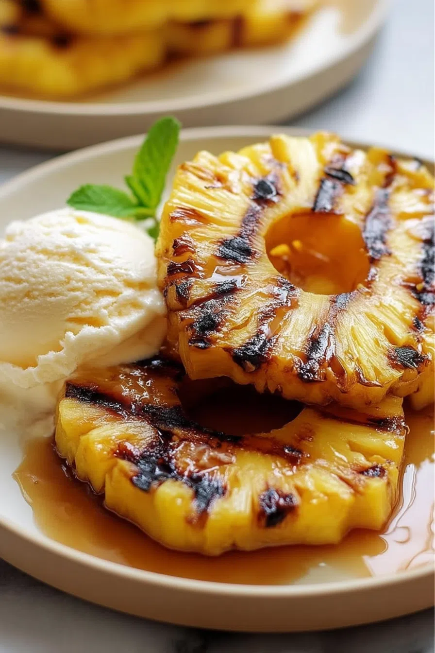 Glazed dessert-style pineapple served warm with a scoop of ice cream on the side.