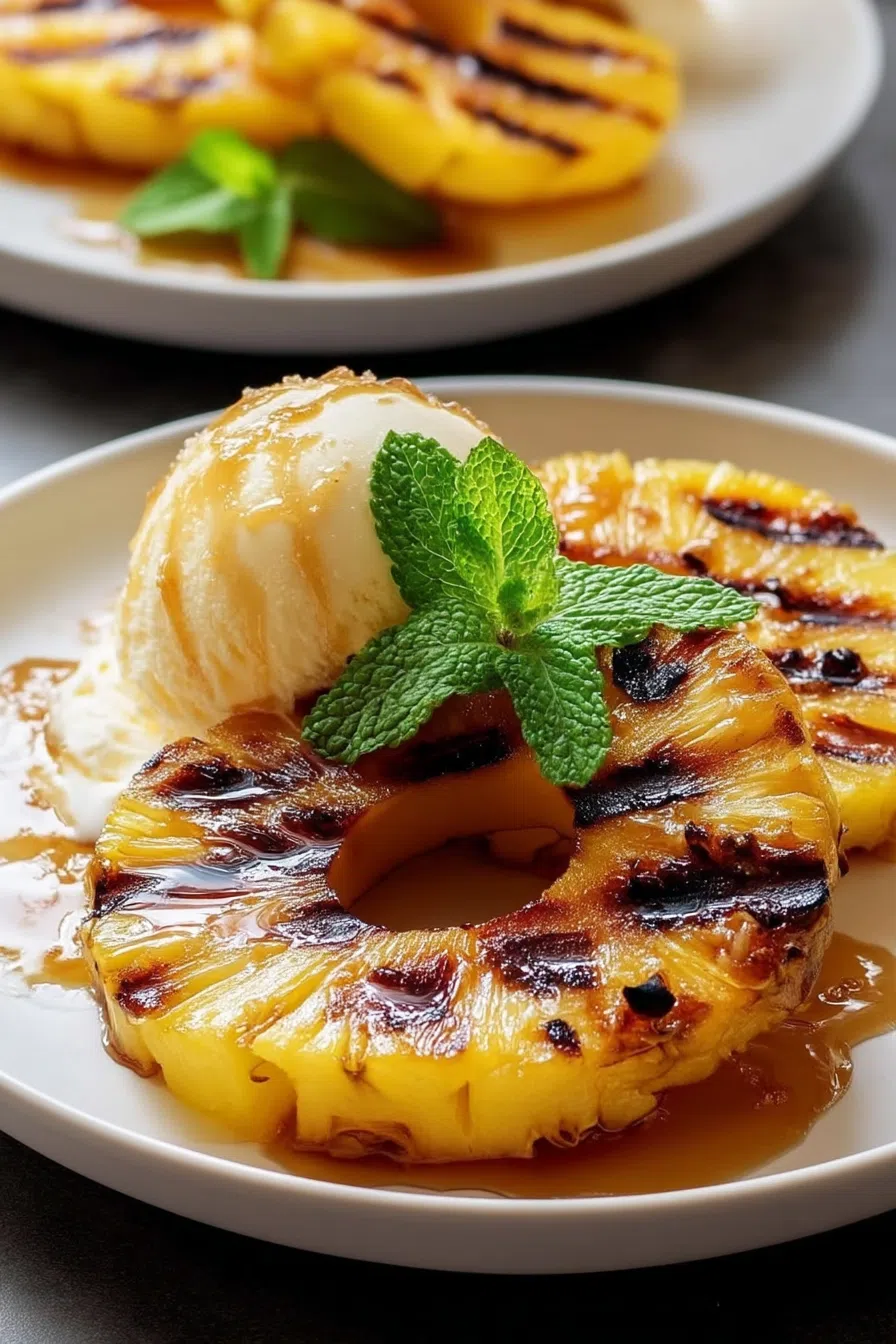 Juicy fruit slices arranged with a drizzle of sauce and mint leaves for garnish.