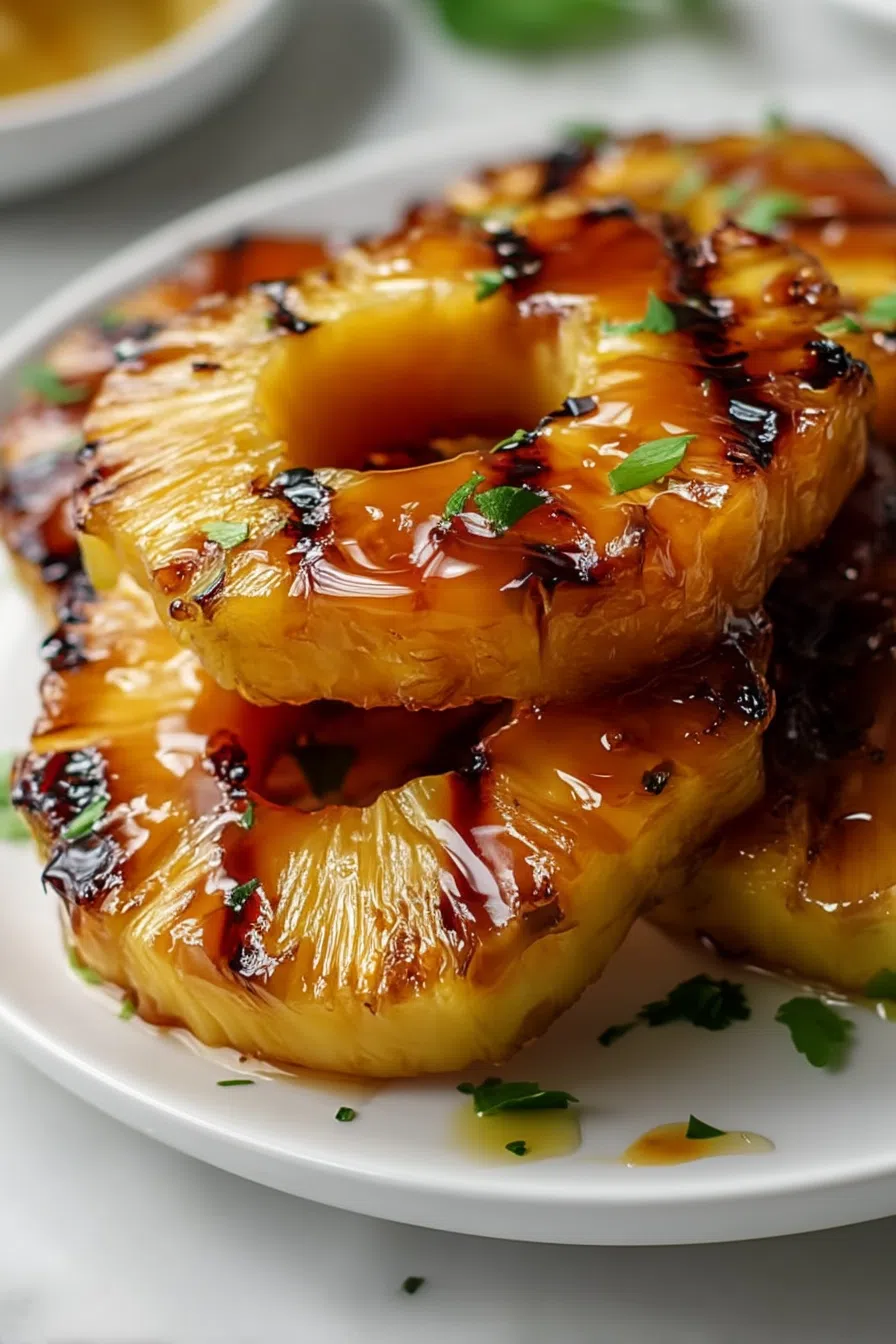 Caramelized pineapple rings served on a plate with grill marks visible.