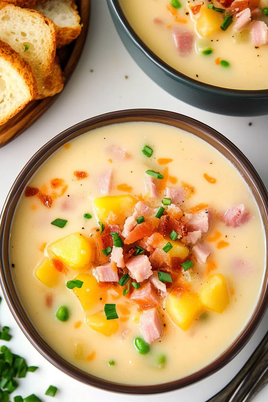 Creamy bowl of chunky soup topped with fresh herbs.