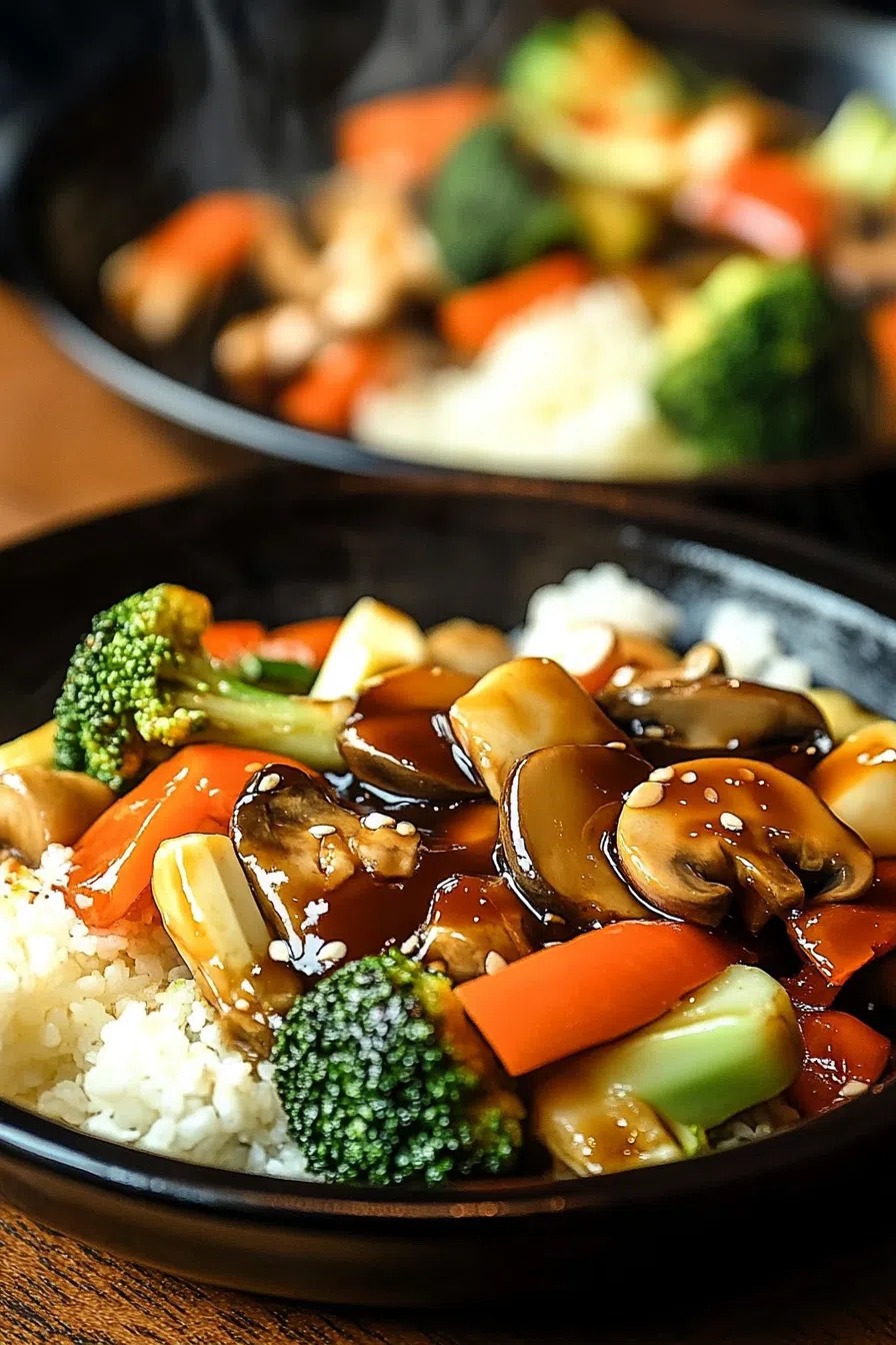 Steamy vegetable mix topped with sesame seeds and green onions.