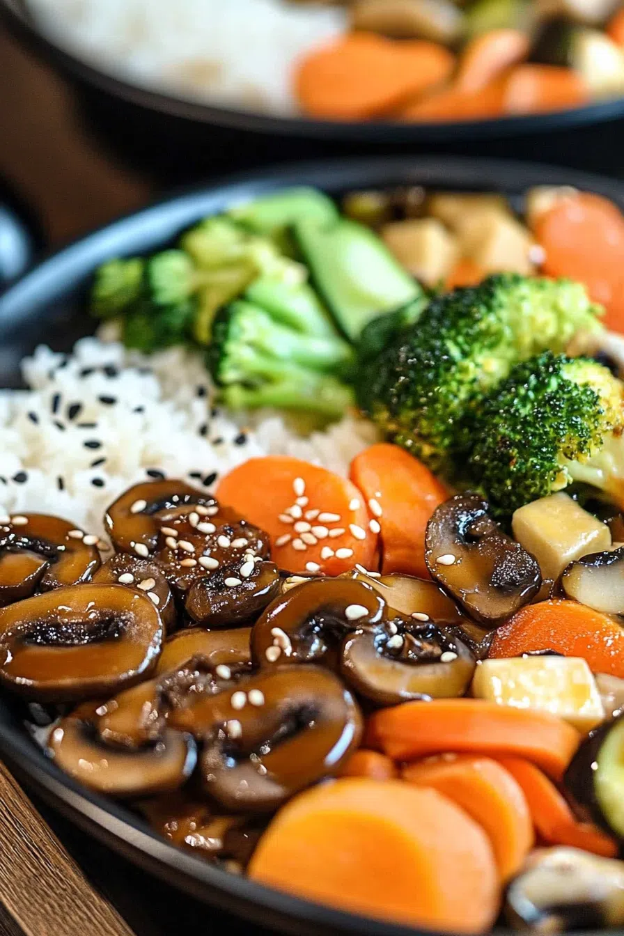 Close-up of colorful stir-fried vegetables served on a dark ceramic plate.