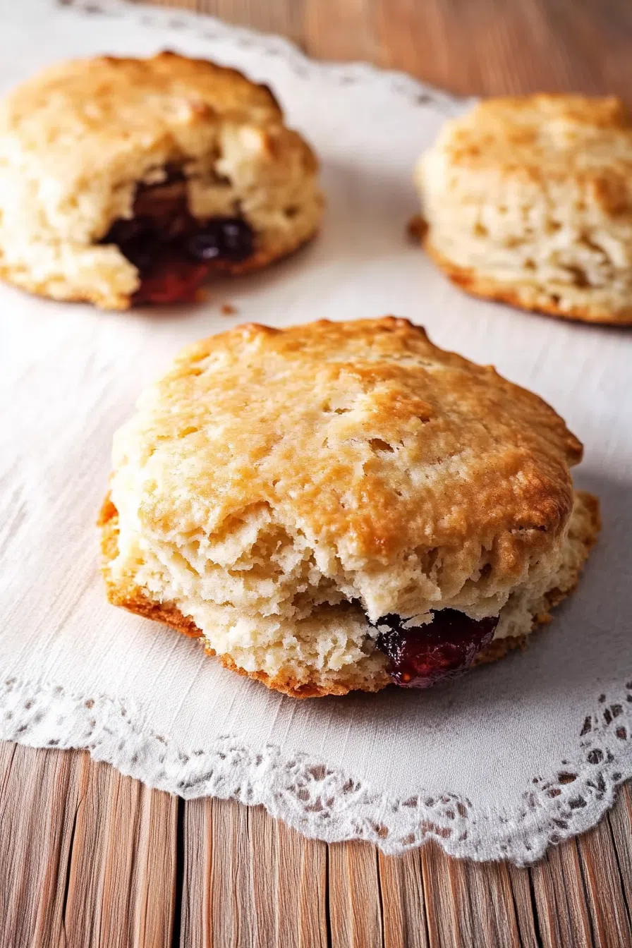 Close-up of a split pastry topped with a generous layer of jam and cream.