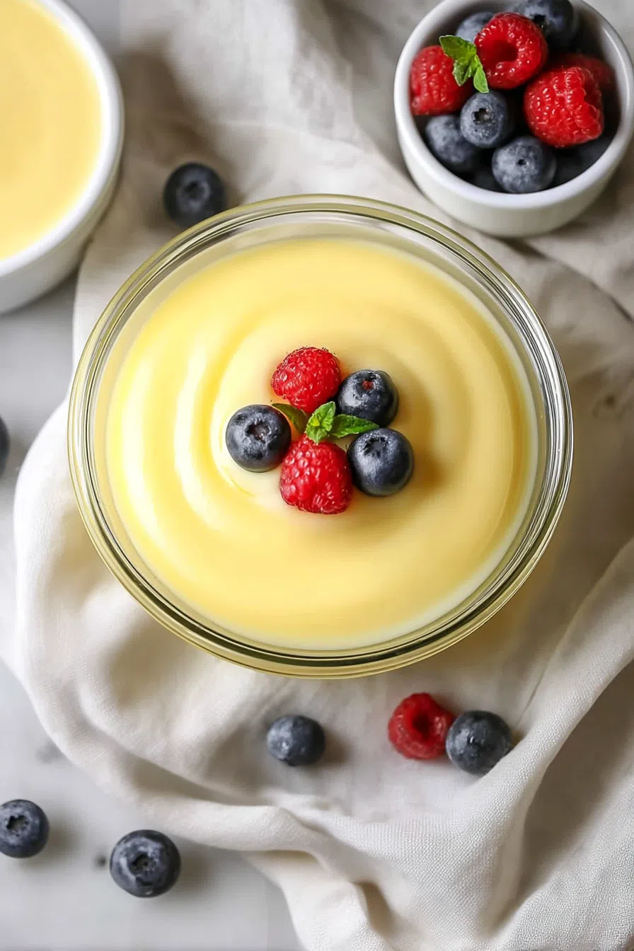 Close-up of a silky yellow pudding with a smooth, glossy finish.