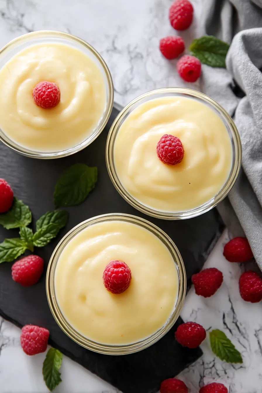 A creamy dessert served in a white ramekin, garnished with fresh berry.