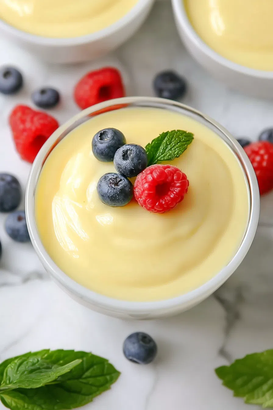 Close-up showing the silky texture of a classic dessert in a shallow dish.