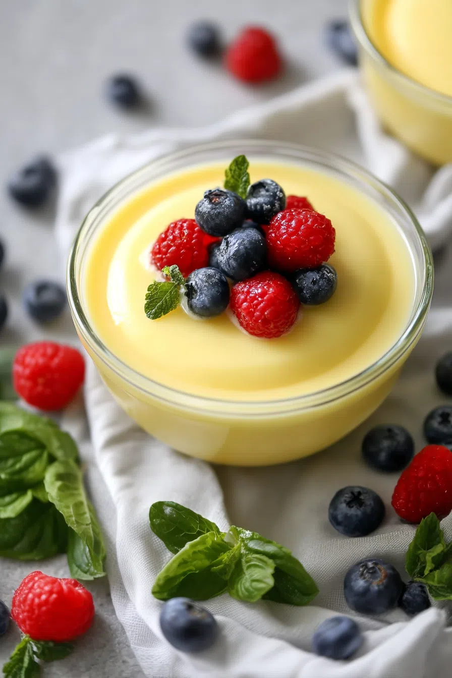 A rich, golden dessert in a glass dish, softly lit with natural light.