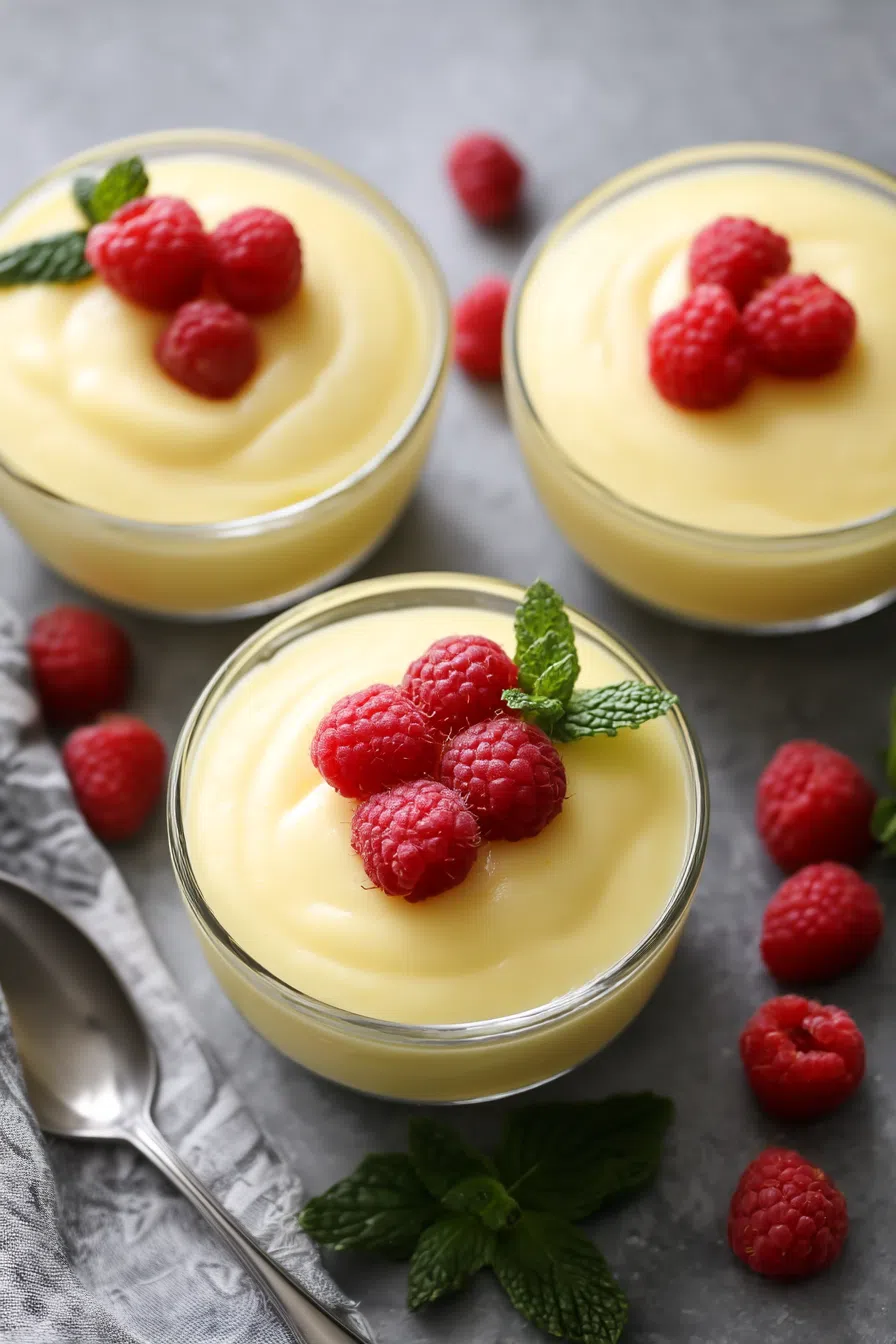 Glossy, thick dessert in a white bowl with a silver spoon beside it.