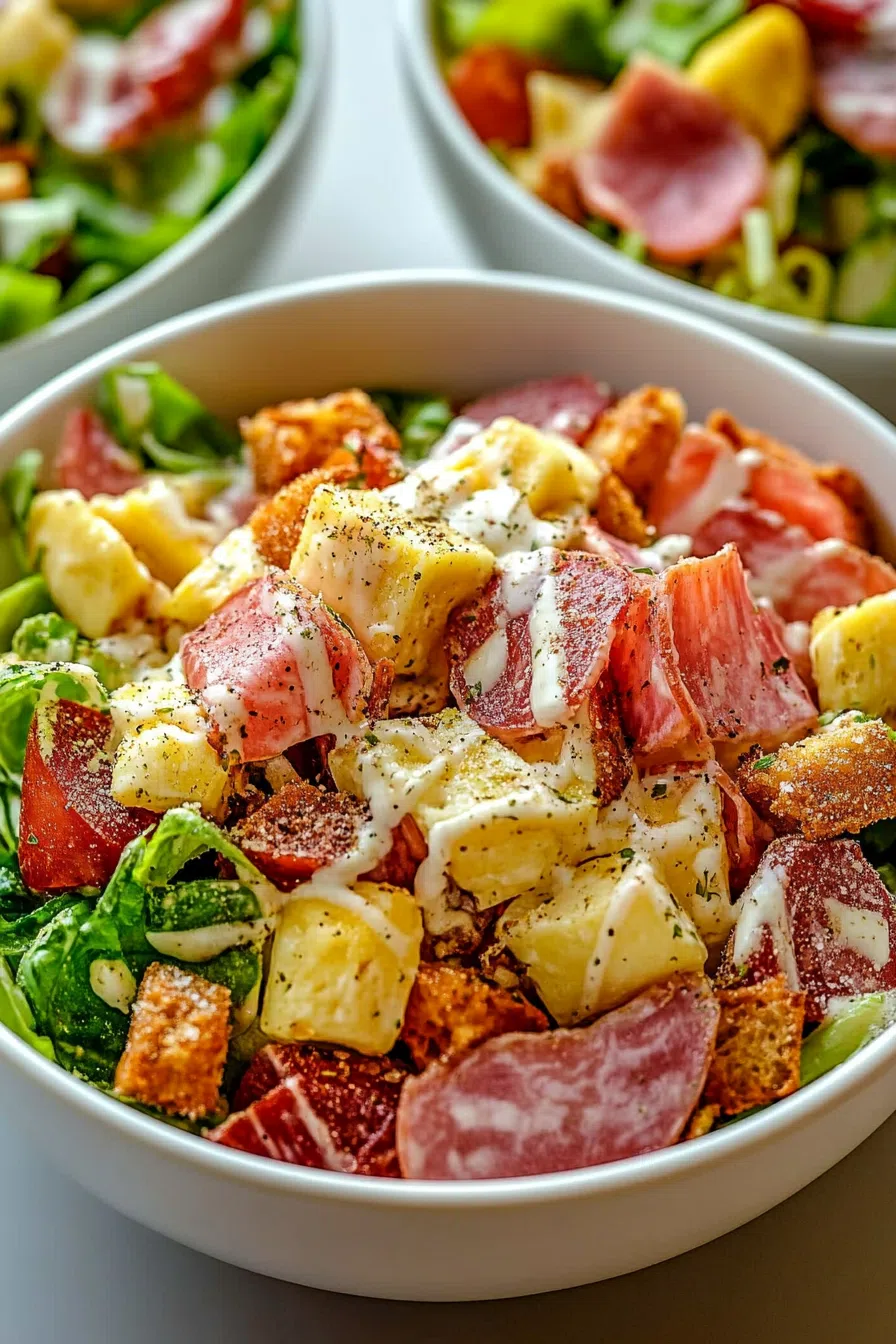 Served salad in a rustic bowl with ingredients styled around it on the table.