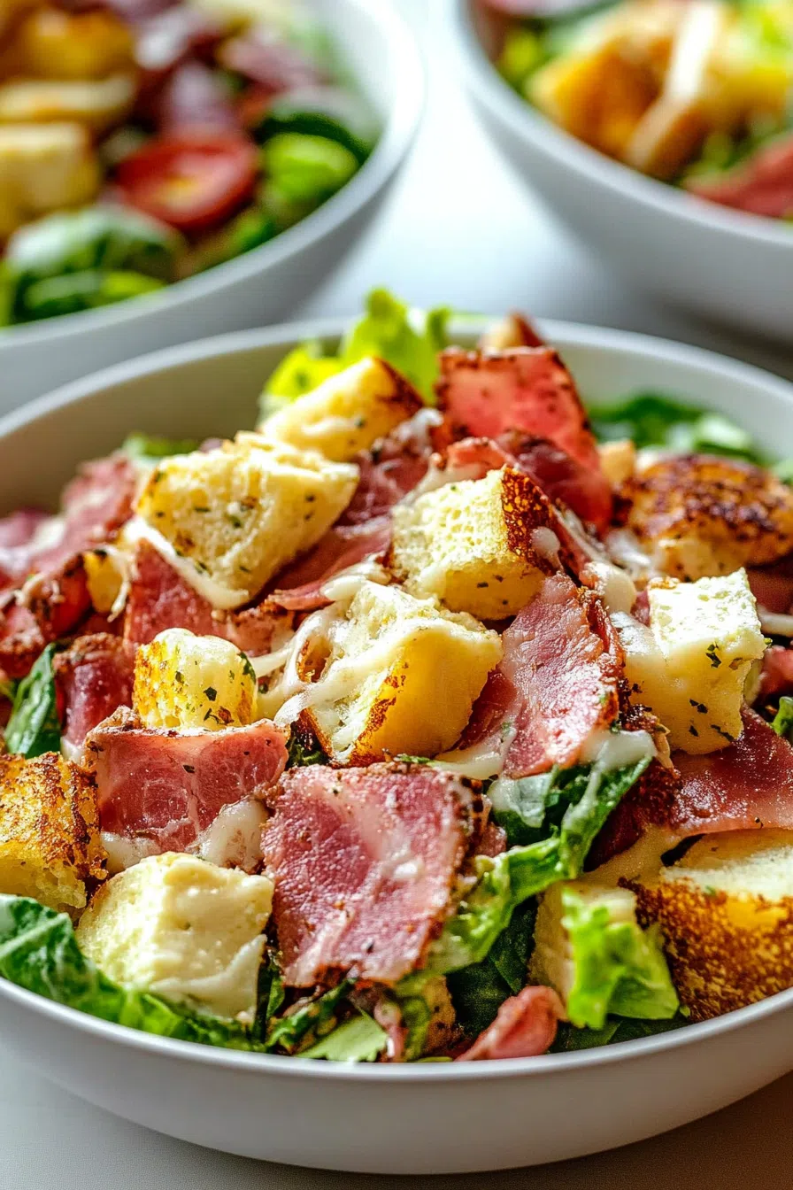 Bowl of mixed deli meats, crisp lettuce, and sliced vegetables topped with creamy dressing.