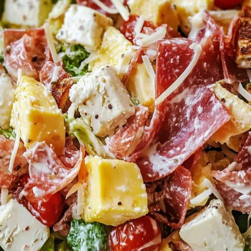 Close-up of creamy dressing drizzled over a meat and veggie salad.