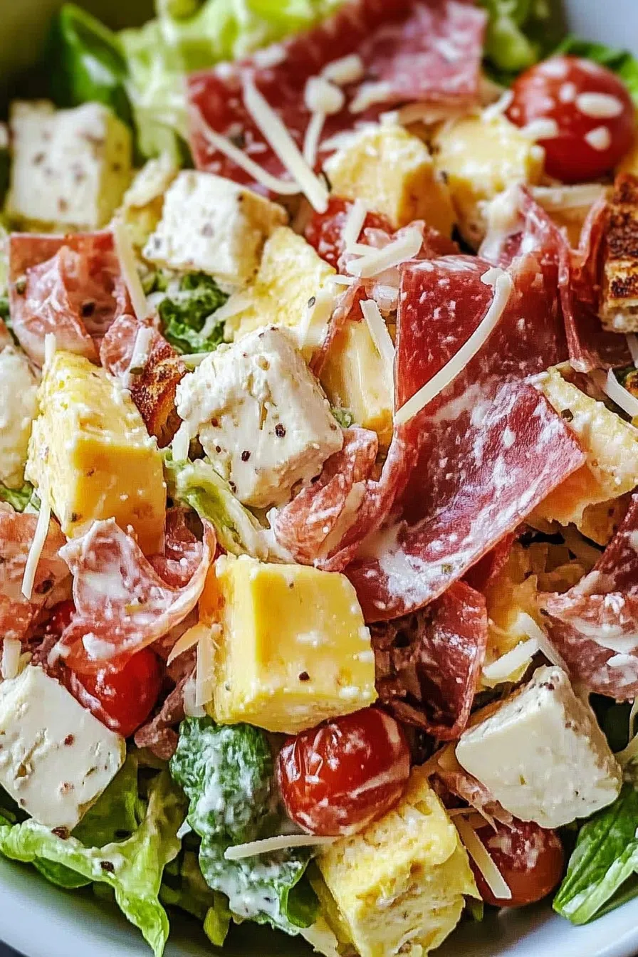 Close-up of creamy dressing drizzled over a meat and veggie salad.