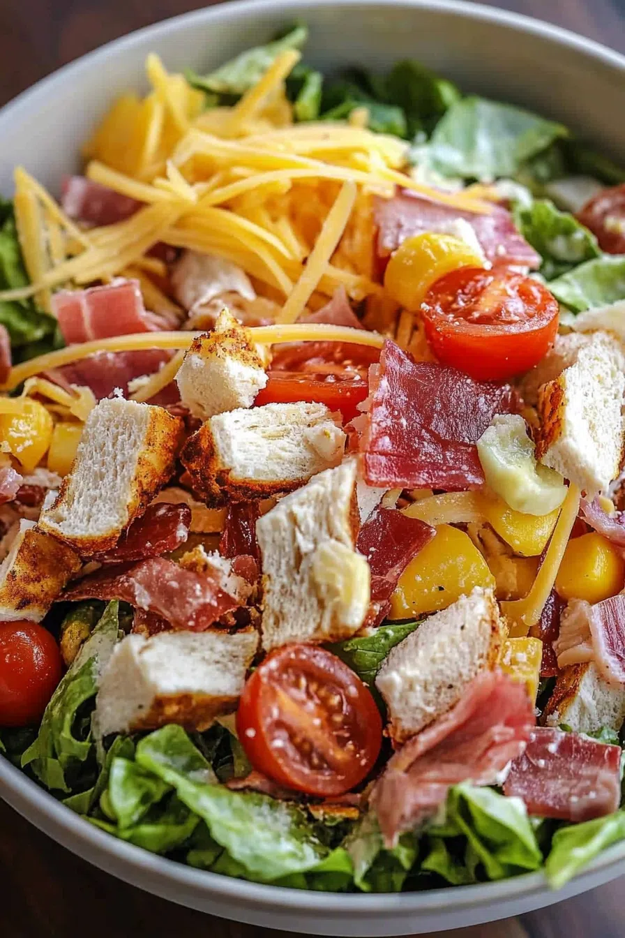 Overhead shot of a loaded salad bowl with lettuce, tomatoes, and sliced red onions.