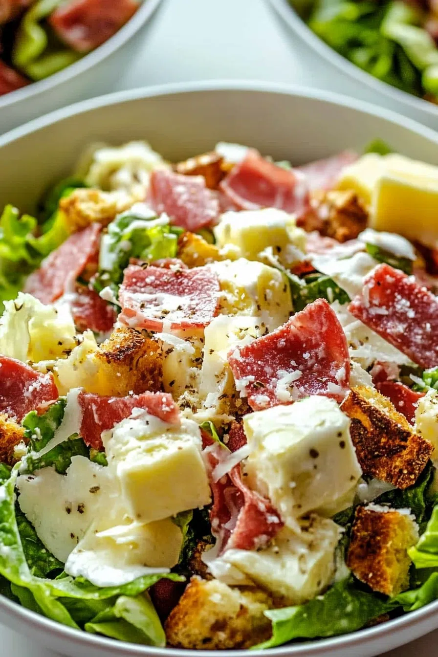A colorful chopped salad layered with deli meats, cheese, and crisp vegetables.