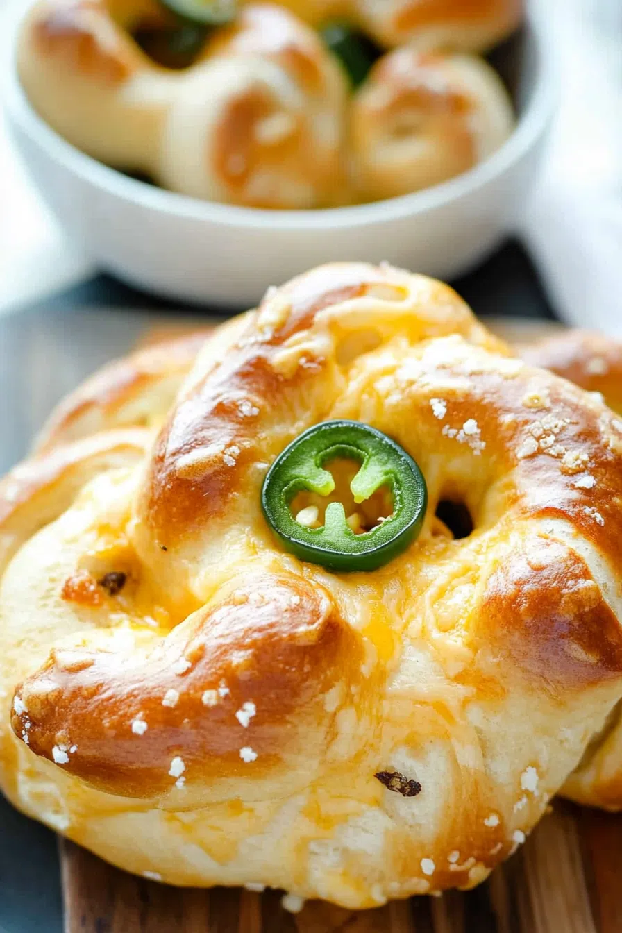 Close-up of soft pretzel texture with a spicy garnish.