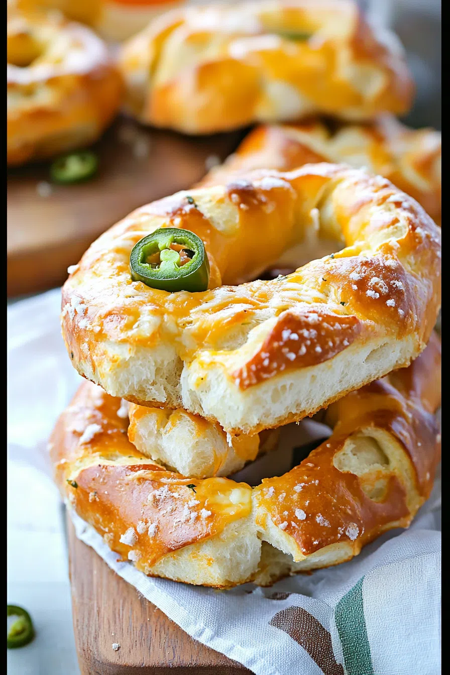 Golden-brown baked snacks topped with melted cheese and sliced peppers.