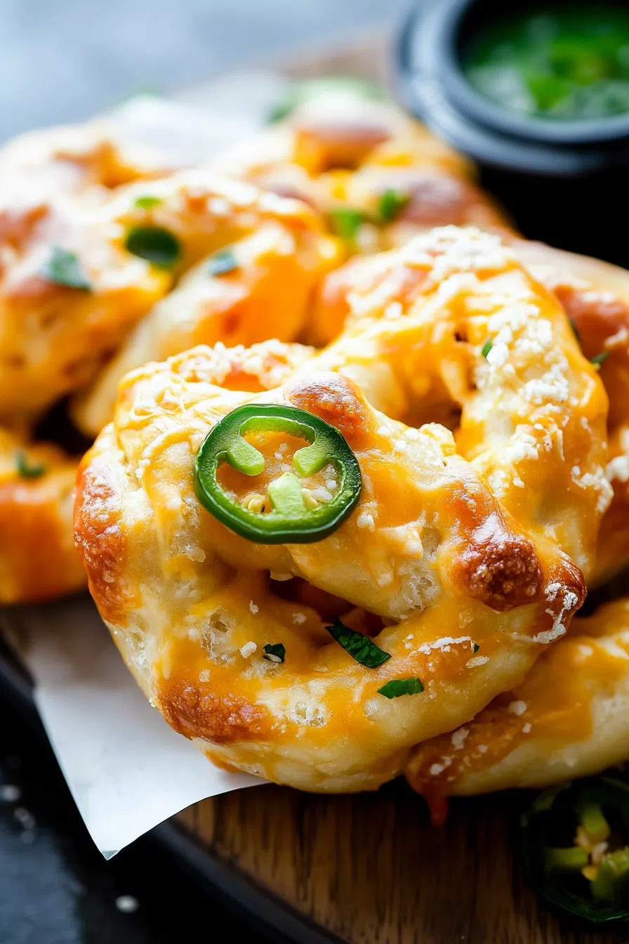 Overhead view of twisted dough with a crisp, cheesy finish.