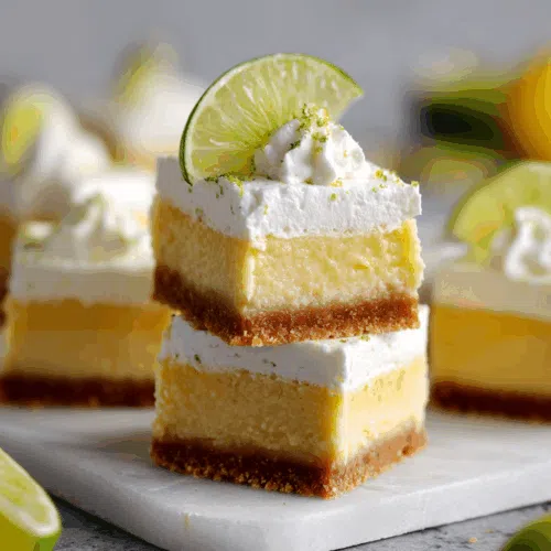 Dessert slices with a pale green filling and crumbly base, ready to serve.