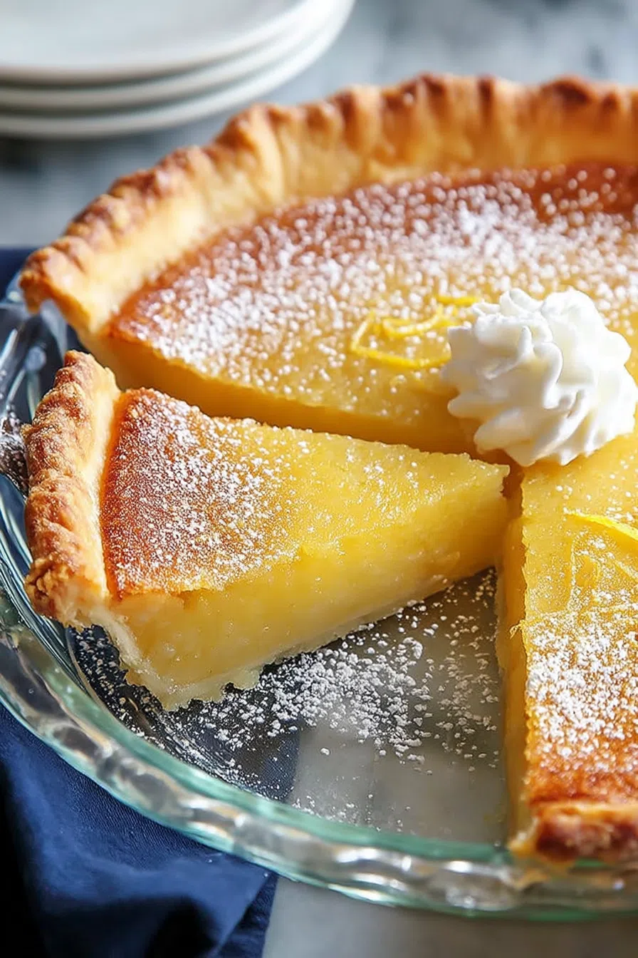 Top-down view of a baked custard-style pie with a lightly browned top.