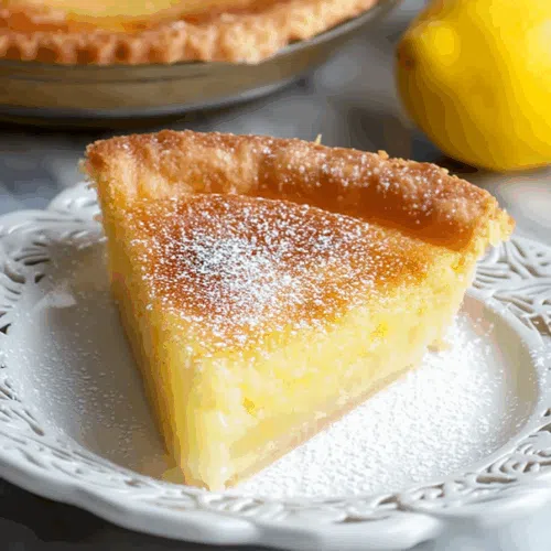 A golden, glossy pie slice served on a white dessert plate.
