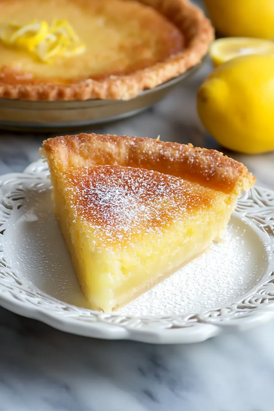 A golden, glossy pie slice served on a white dessert plate.