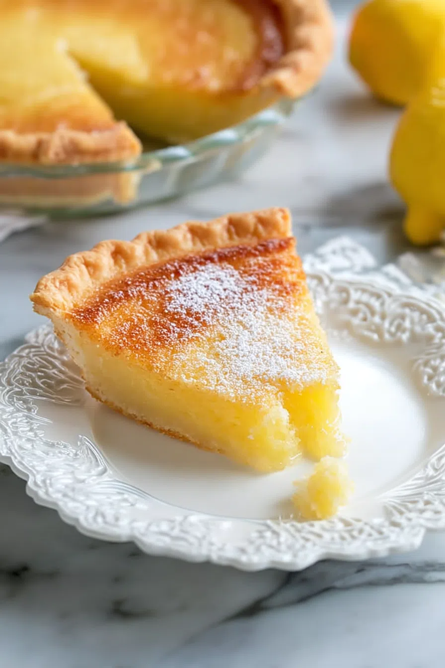 A single slice with a dusting of powdered sugar, ready to serve.