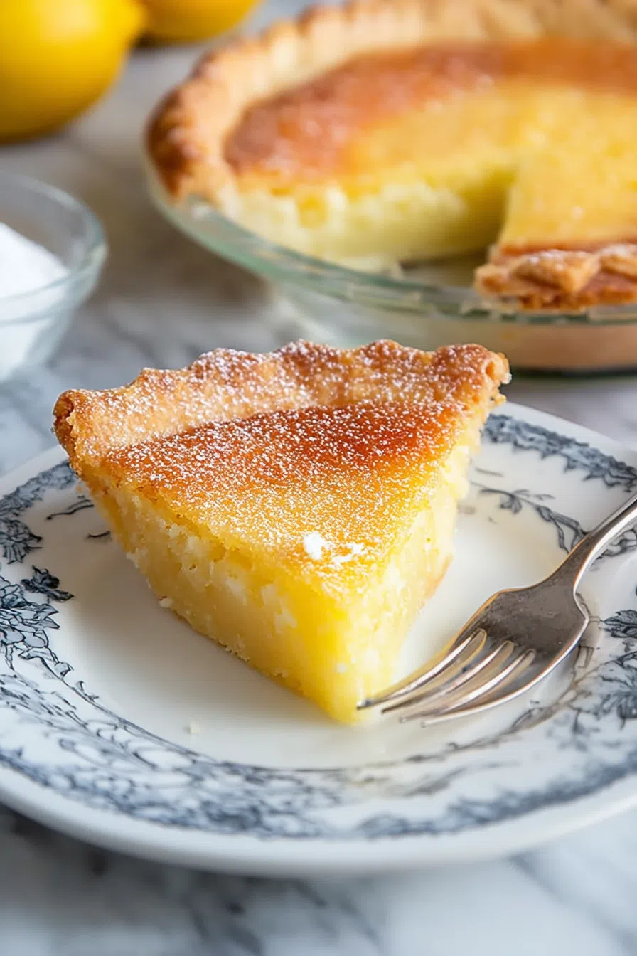 Pie resting on a rustic plate with fork beside it.
