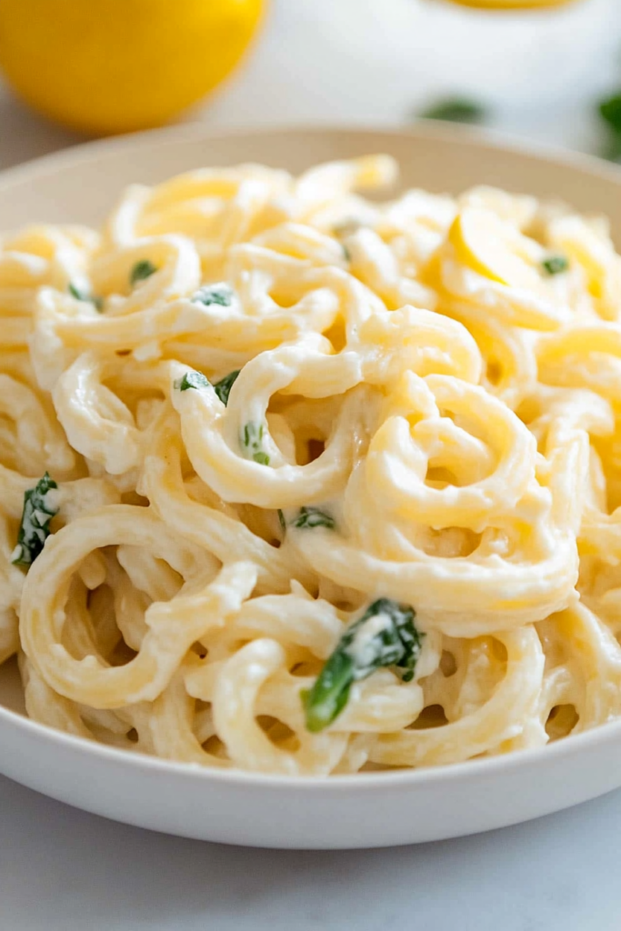 Close-up of a fork twirling noodles coated in a smooth, citrusy sauce.