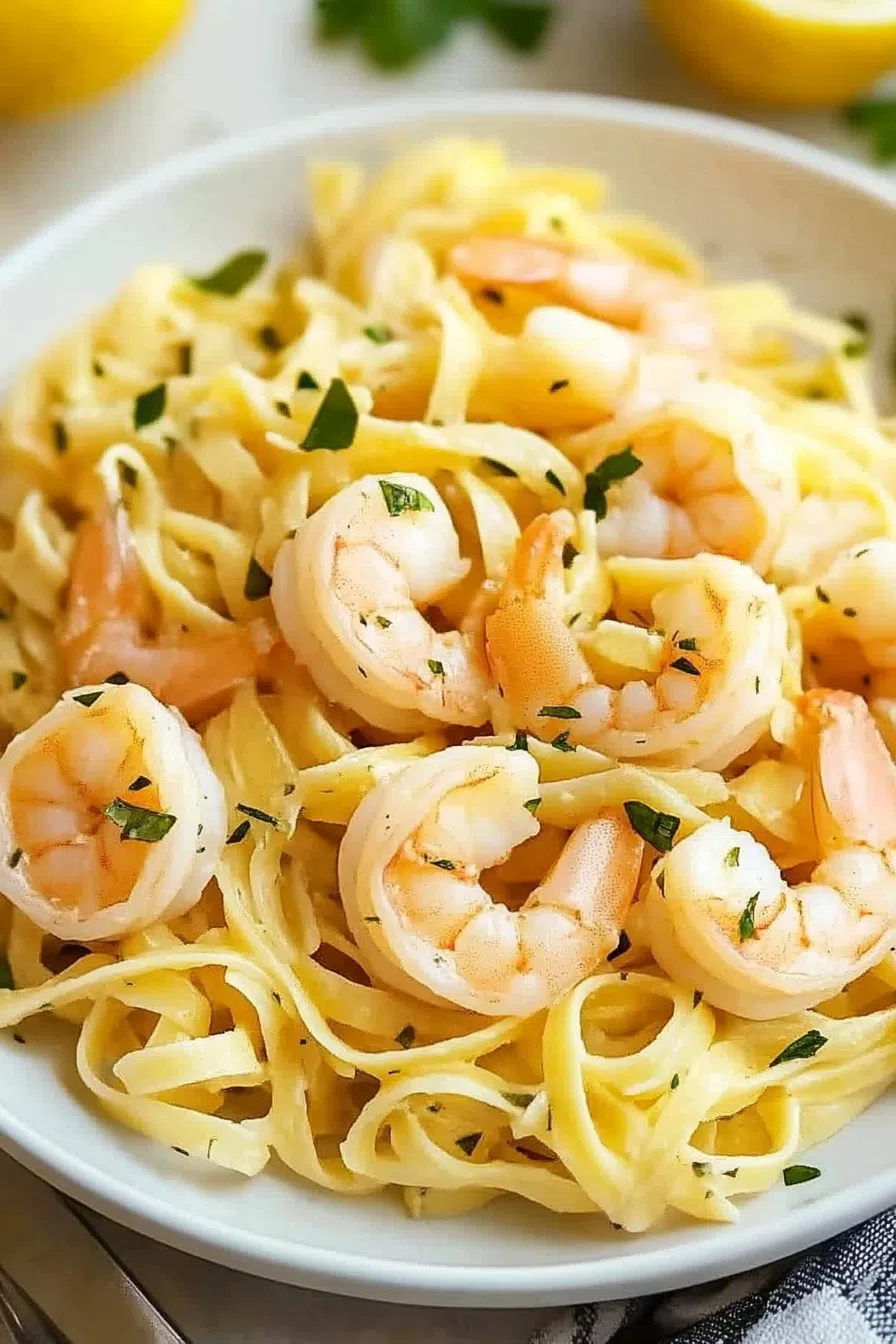 A bowl of pasta with juicy shrimp, fresh herbs, and a light citrus sauce.